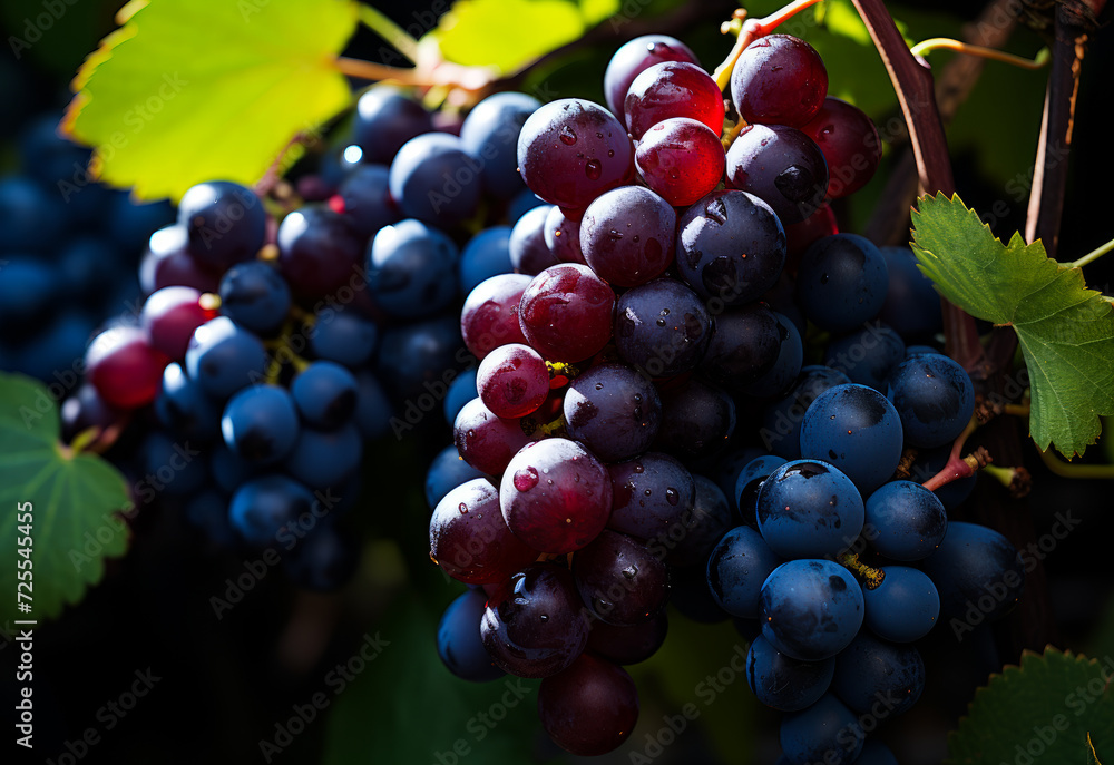 Black and red grapes in grape vine surrounded. A close-up photo capturing a bunch of ripe grapes hanging from a vine in a vineyard.