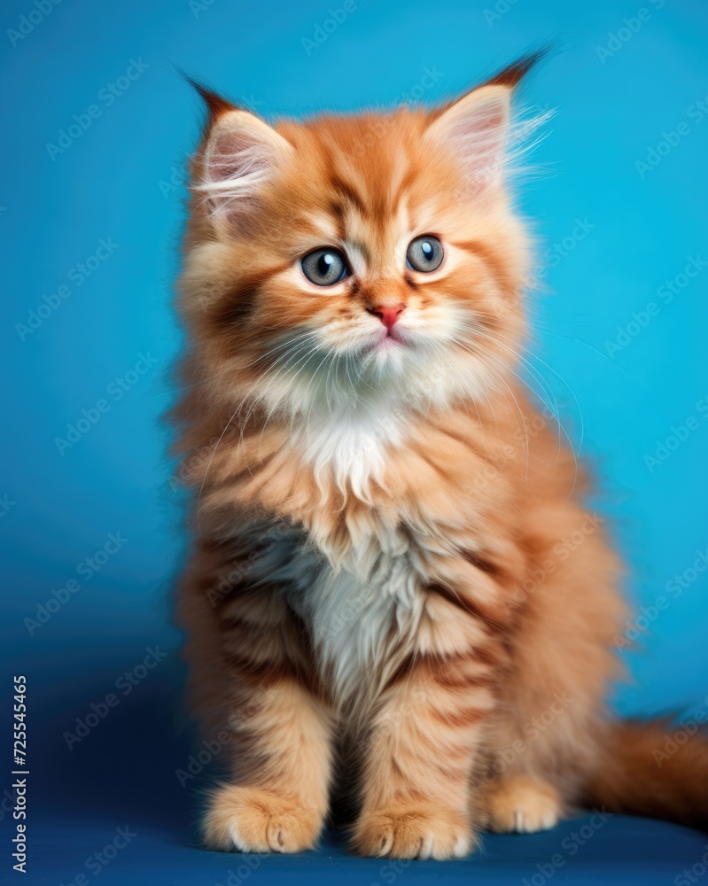 Fluffy Kitten. Small and Cute British Cat with Fluffy Fur Rests on Blue Background