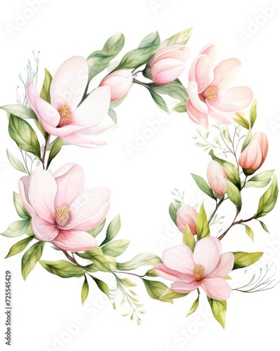 Watercolor Floral Wreath with Magnolias and Greenery  Perfect for Weddings  Greetings and Botanical