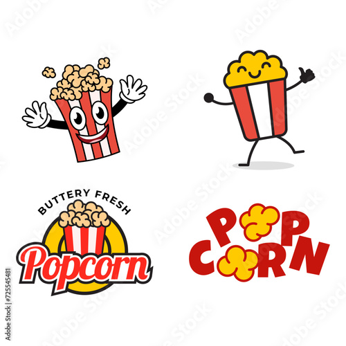 Set of Popcorn logo badge with illustration of popcorn in bucket isolated on white background