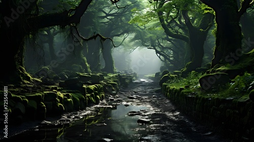 Mysterious dark forest with river and old tree. Panorama