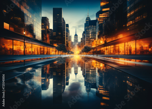 Commercial skyscrapers and building. A photograph capturing the urban landscape of a city at night, viewed from the opposite side of the street. © Vadim