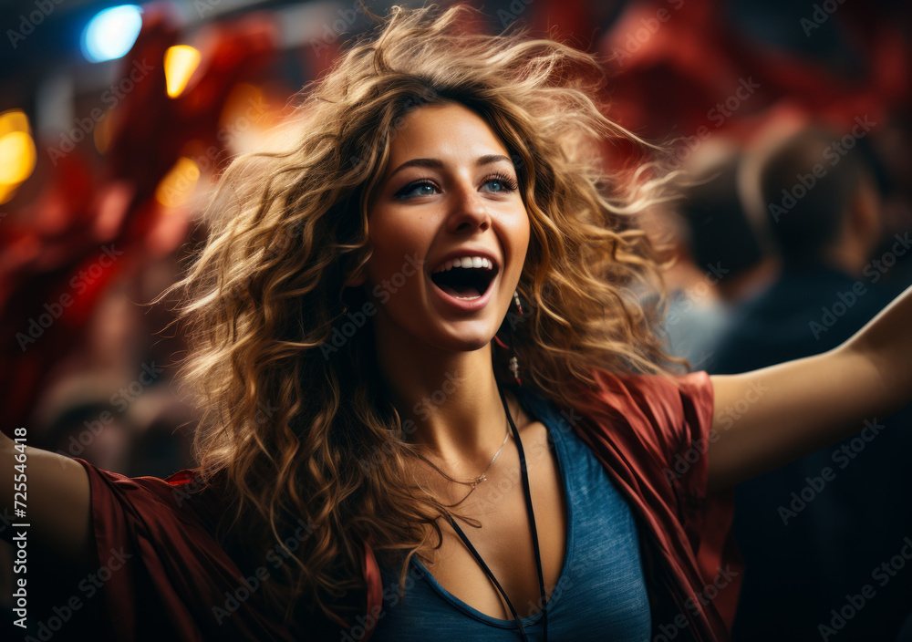 Female fan in stadium holding up arms in a sports bar. A woman joyfully celebrates as she raises her arms in the air, expressing elation and triumph. Female fan in stadium holding up arms in a sports bar. A woman joyfully celebrates as she raises her arms in the air, expressing elation and triumph.