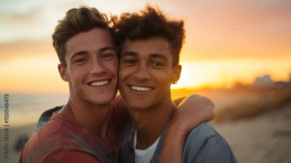 Close-up of a young happy gay couple smiling hugging on the beach at sunset. Holidays, weekends together, unforgettable moments of life.