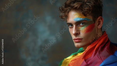 A young man with rainbow paint on his face, looking aside.