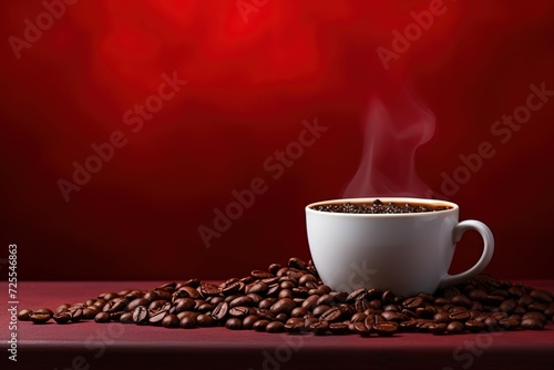 a coffee cup on a red background with coffee beans