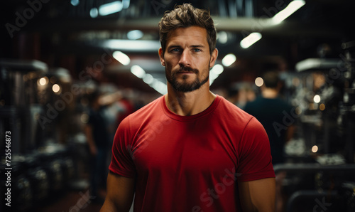Male fitness person in an industrial gym looking. A man wearing a red shirt stands confidently in a well-equipped gym, ready for a workout. © Vadim