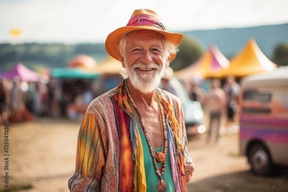 Portrait of happy senior man with hat and colorful clothes at music festival
