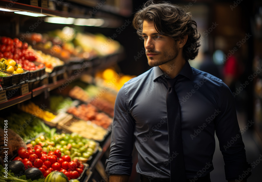 Man in the aisle of the supermarket. A man stands in front of a vibrant display of assorted fruits and vegetables at a grocery store.