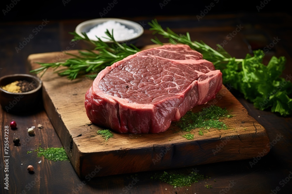 beef steak with parsley and other herbs on a wooden background