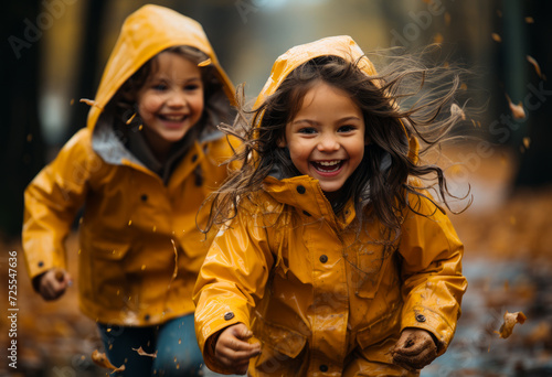 Two young girls in raincoats running through. Two young girls, wearing bright yellow raincoats, joyfully run through a pile of fallen leaves.