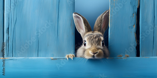 Bunny peeking out of a hole in blue wall fluffy eared bunny easter bunny banner rabbit jump out torn hole