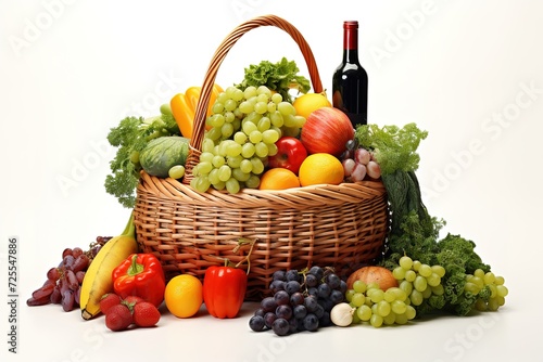 fresh food in a wicker basket on a white background