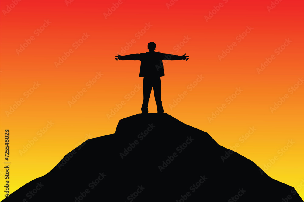 Man Standing on a Hill at Sunset Silhouette. People and outdoor activities concept vector