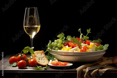 a glass of white wine and salad