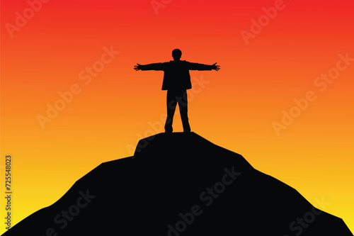 Man Standing on a Hill at Sunset Silhouette. People and outdoor activities concept vector
