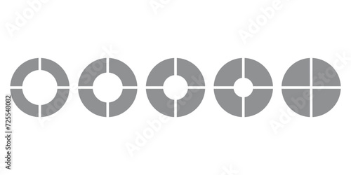 Set of four parts of circle. Pie chart with four same size sectors. Vector illustration isolated on white background.