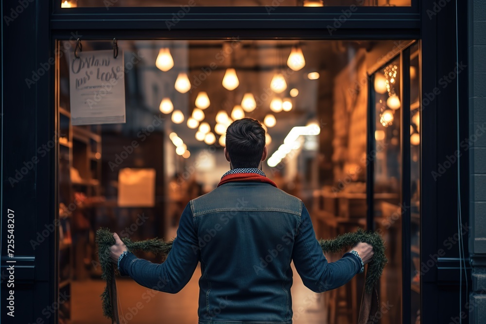 man holding up an open sign in front of a shop window man holding up an open sign in front of a shop window