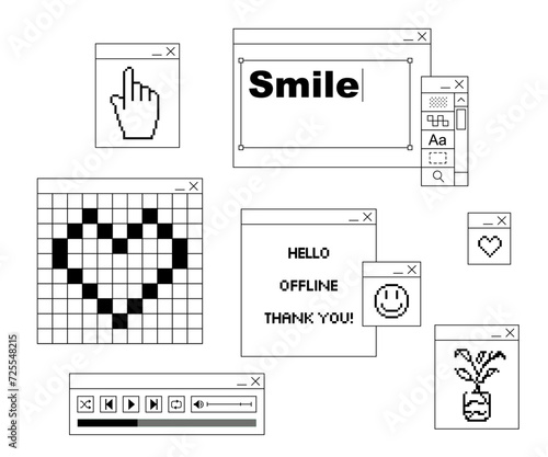 computer windows elements with pixel icon web pop up simple flat design digital graphic lettering message internet black line minimal style set
