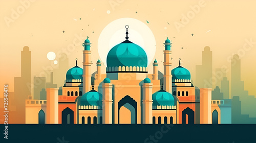 Stylized landscape of India with the Taj Mahal, an elephant and a dancer. Vector background, Dark mosque silhouette on colorful red and violet sunset sky and clouds background, Generative Ai