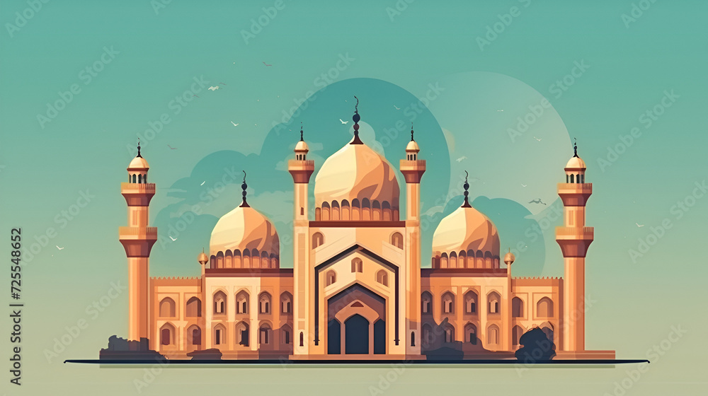 Stylized landscape of India with the Taj Mahal, an elephant and a dancer. Vector background, Dark mosque silhouette on colorful red and violet sunset sky and clouds background, Generative Ai