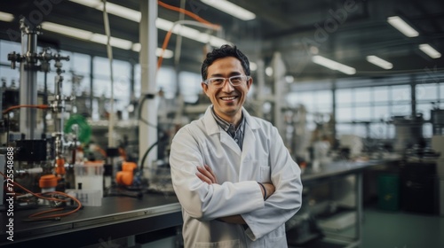 Chemical engineer in modern lab smile shows excitement for innovation