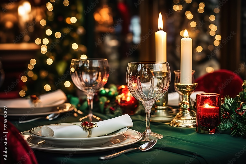 traditional Christmas lunch table setting with Christmas lights