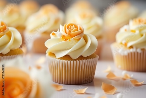 sweet cupcakes are decorated with yellow and white frosting