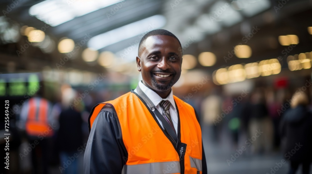 Delighted manager overseeing efficient train station operations Delighted manager overseeing efficient train station operations