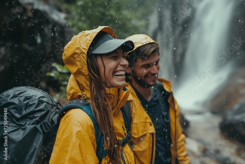 a man and woman are wearing rain jackets by a waterfall photo