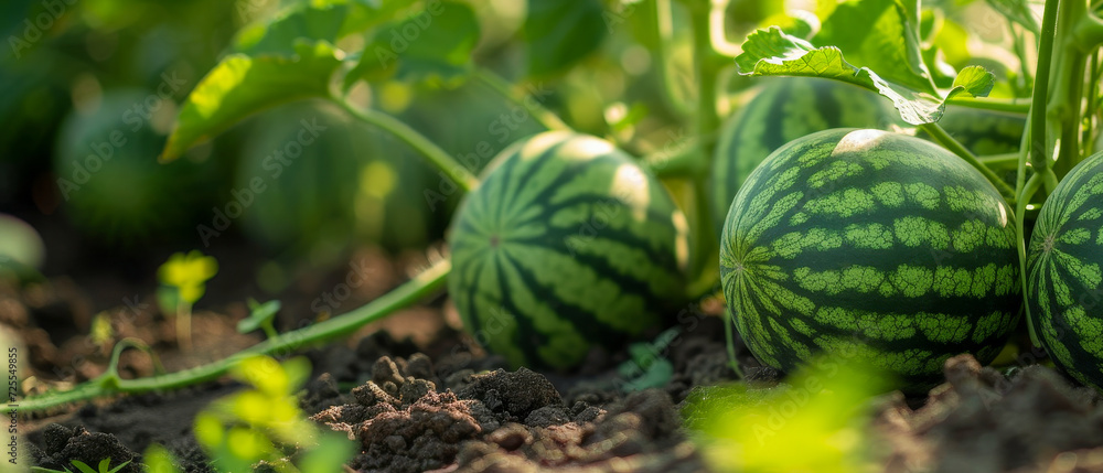 Watermelons growing in the field on a sunny day.
Watermelons growing in the field on a sunny day.
