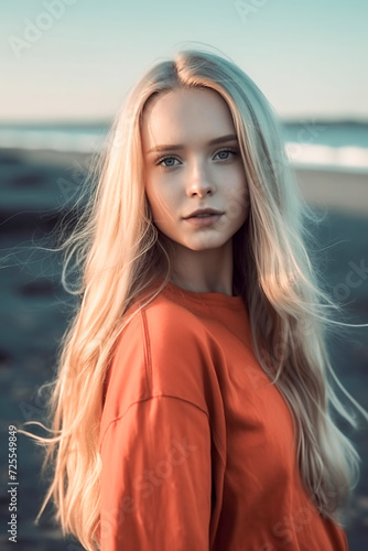 blonde woman wearing an orange top  stands on a beach with waves in the background  ai generative