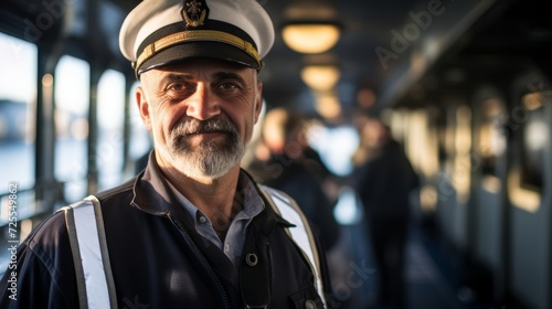 Captain on ferry deck joyous in overseeing scenic transport