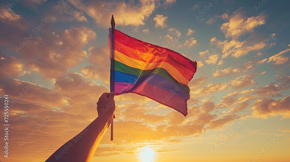 Hand raising a rainbow flag against a dramatic sunset sky. Stock Photo ...
