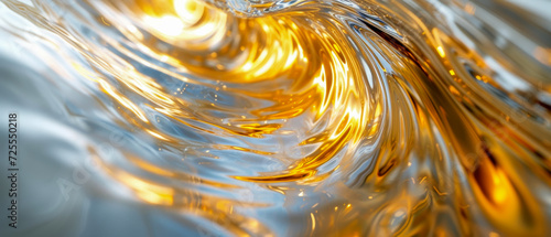Abstract golden swirls in reflective water surface. 