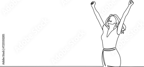 continuous single line drawing of cheering happy woman with raised arms, line art vector illustration