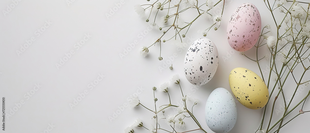 wallpaper with Easter Elements in the corner of the image, top view, with white background, with empty copy space wallpaper with Easter Elements in the corner of the image, top view, with white background, with empty copy space