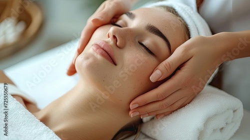 A woman's face being gently massaged by a therapist's hands.