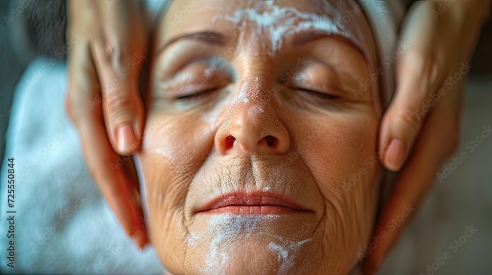 Elderly woman receiving a facial treatment with a focus on her wrinkled skin.