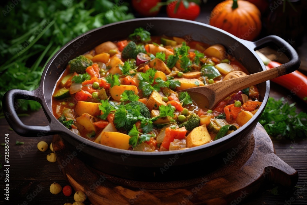 Overhead Shot of Delicious Vegetarian Vegetable Stew in a Wooden Pot