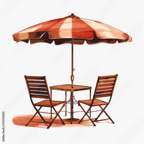 Chairs Isolated on White Background. Set of Wooden Dining Chairs and Table with Market Umbrella.