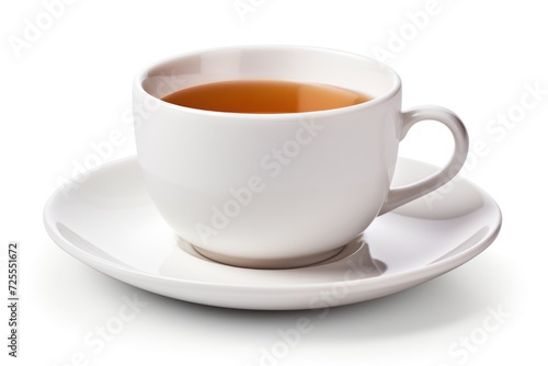Isolated Cup of Tea. Hot Beverage in White Mug on Saucer, Isolated on White Background