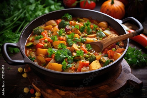 Overhead Shot of Delicious Vegetarian Vegetable Stew in a Wooden Pot