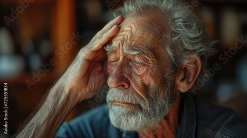 A senior man with a pained expression, holding his head.