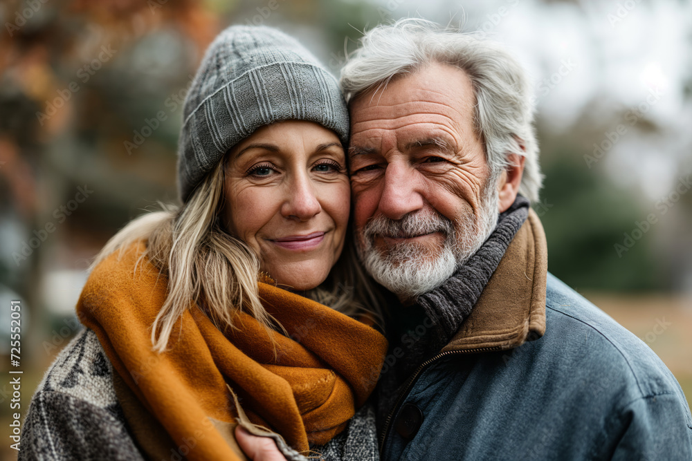Portrait of an elderly couple hugging on the street Portrait of an elderly couple hugging on the street