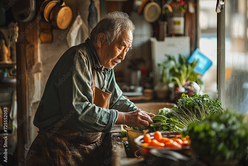 Senior man washing vegetables in kitchen sink at home Senior man washing vegetables in kitchen sink at home