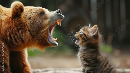 illustraton of a bear and a little kitten roar at each other photo
