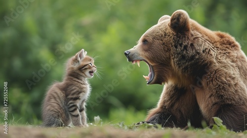 illustraton of a bear and a little kitten roar at each other