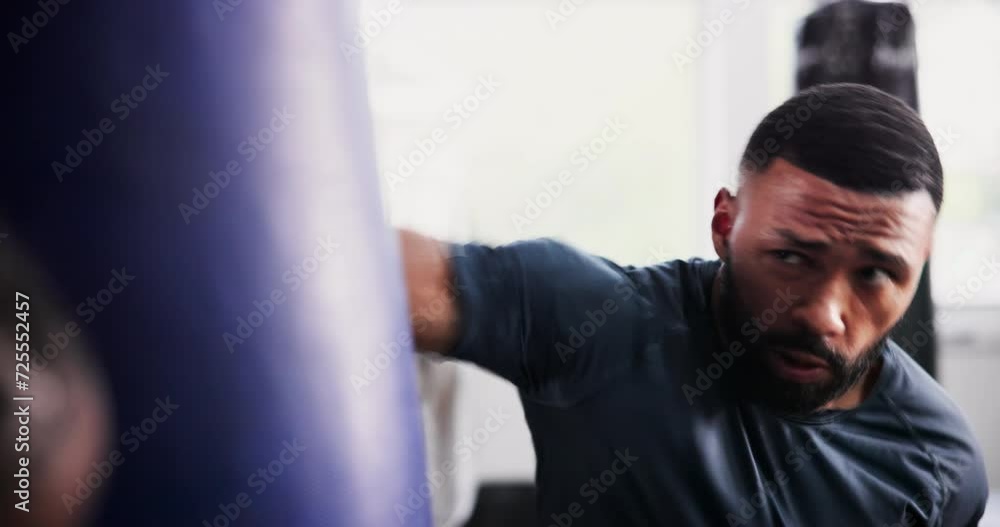 Man, boxer and punching bag for fitness, workout and coach with gym training in MMA, fight and support. Strong people with fist, power or boxing challenge and personal trainer helping with exercise Man, boxer and punching bag for fitness, workout and coach with gym training in MMA, fight and support. Strong people with fist, power or boxing challenge and personal trainer helping with exercise