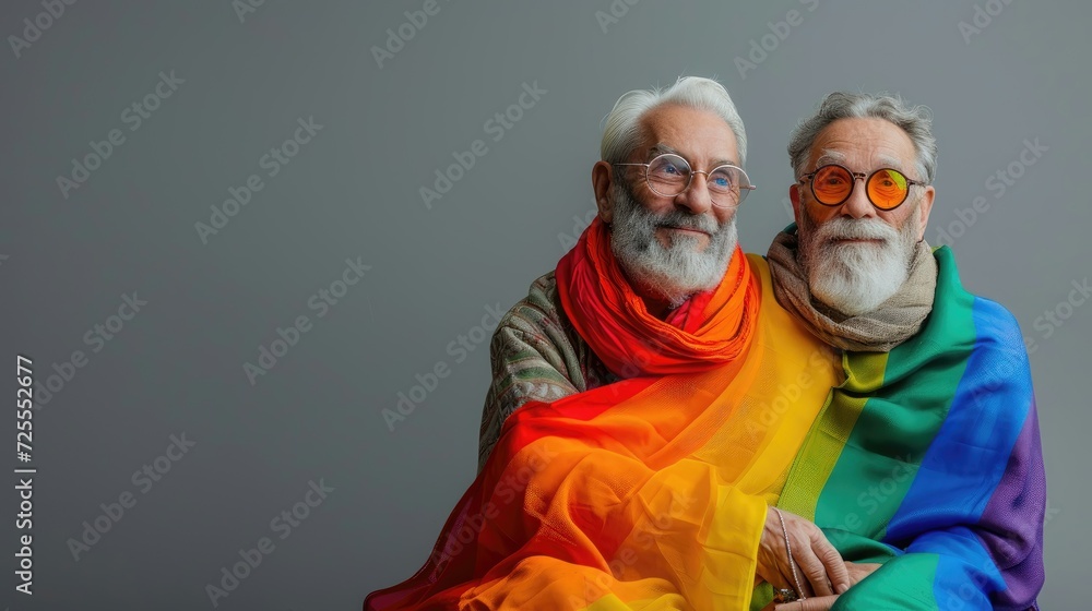 Two smiling elderly men wrapped in a colorful rainbow scarf. Two smiling elderly men wrapped in a colorful rainbow scarf.